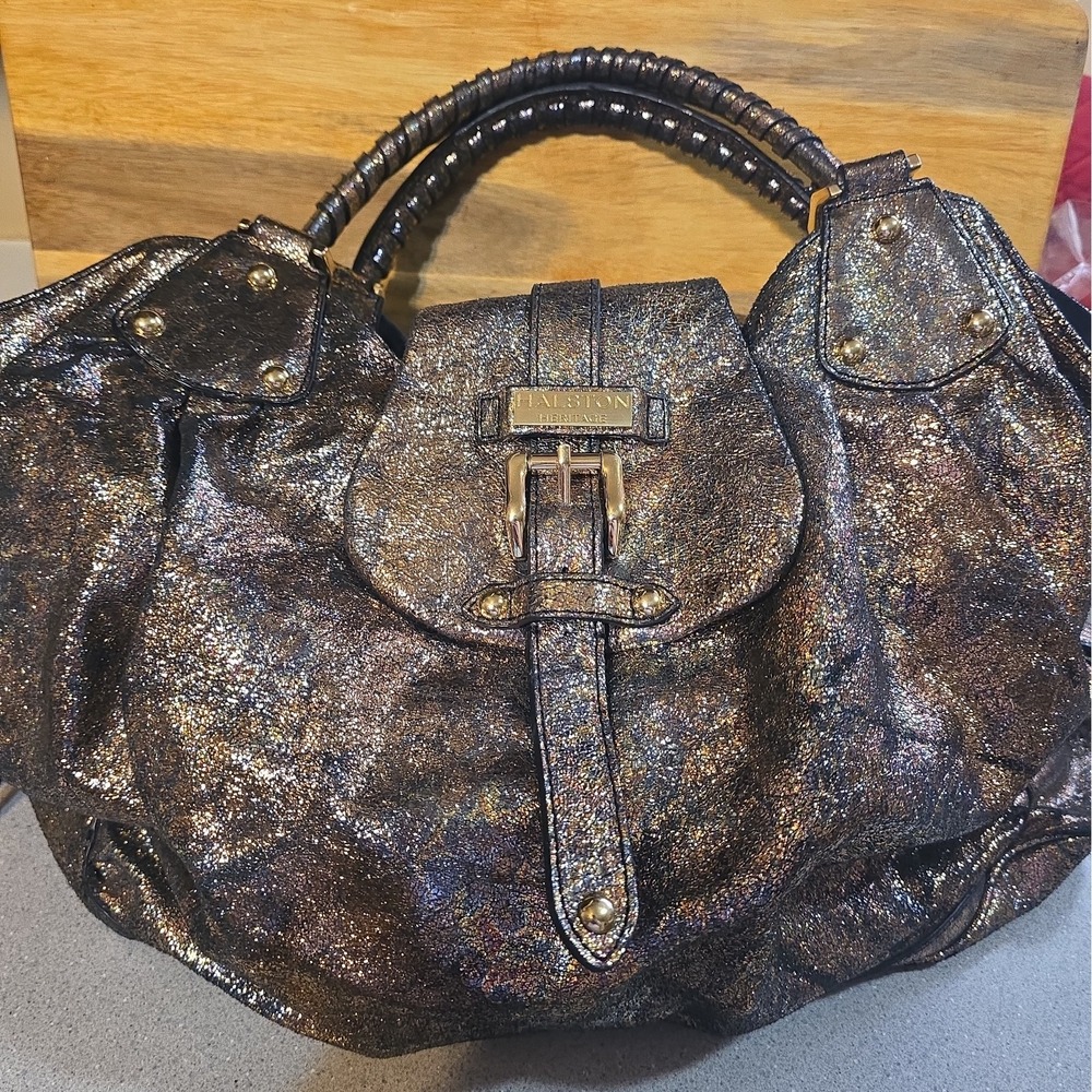 Halston Heritage Copper Glitter Leather Slouchy Handbag Authentic Cowhide